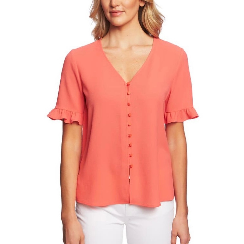 NWOT CeCe Ruffle Sleeve Button Blouse CORAL/ORANGE/PINK - SIZE M